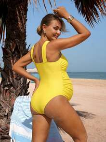 Swim Vcay Maternity Solid Color Ruched One-Piece Swimsuit For Vacation - Yellow - View 3