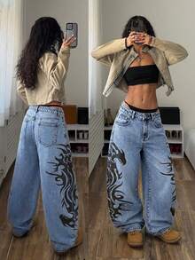 StreetHx Quần jean denim ống suông phong cách đường phố thường ngày, thời trang, in họa tiết retro. - Rửa nhẹ - Xem 2