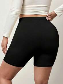 Enliva Plus Size Women High Elasticity Solid Color Tummy Control Slim Fit Shorts, For Apple And Rounded Body Shape - Black - View 2