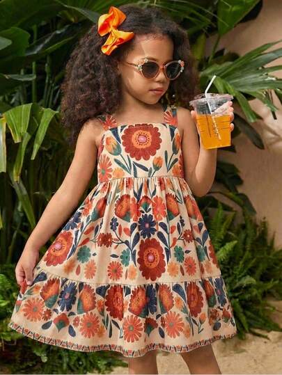 SHEIN 女宝宝夏季可爱度假树叶印花吊带裙