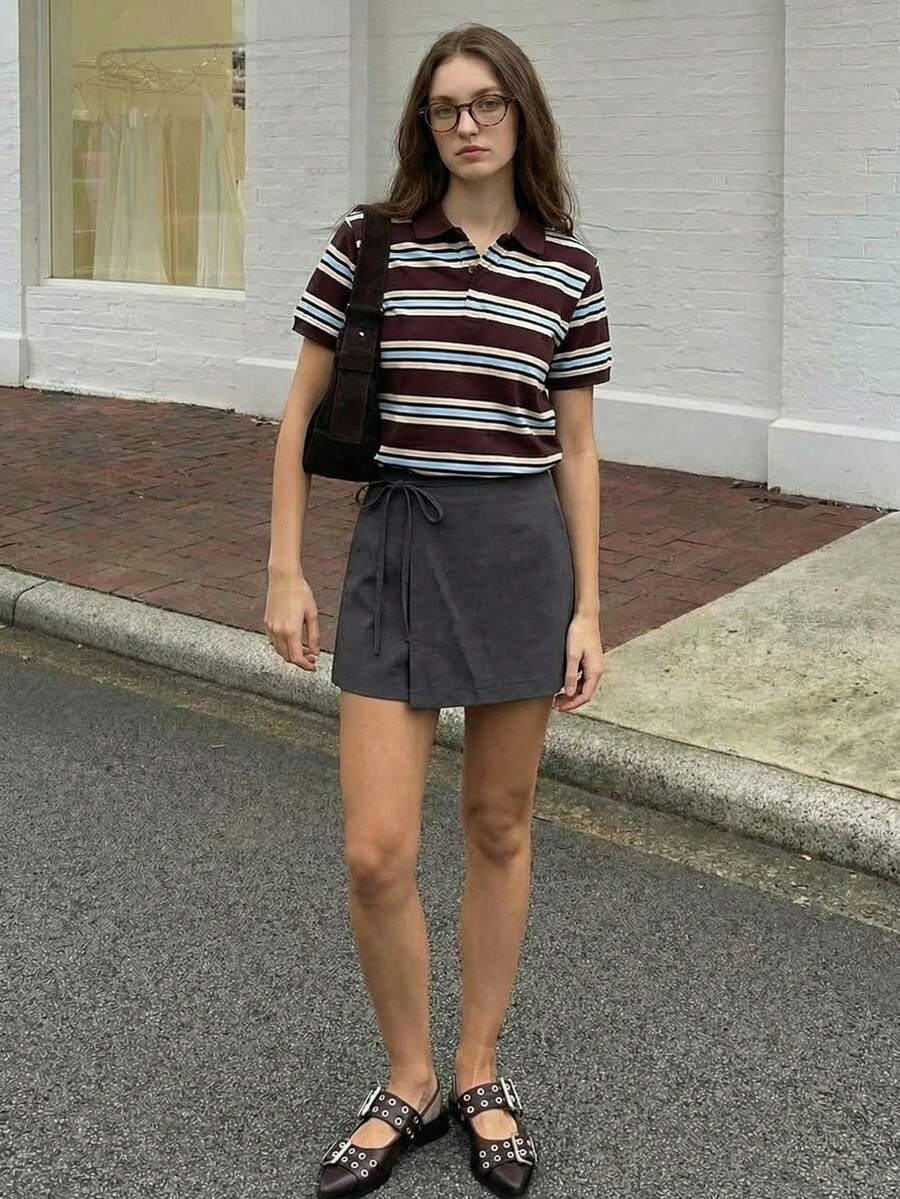 Muvela 春夏新款灰色连体层叠系带蝴蝶结设计甜美可爱学院风女式裙裤 - 深灰色 - 查看 1