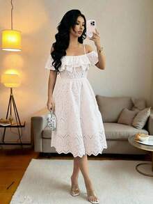 Vestido midi de hombros descubiertos con bordado | Diseño romántico y favorecedor para cualquier ocasión - Blanco - Ver 2