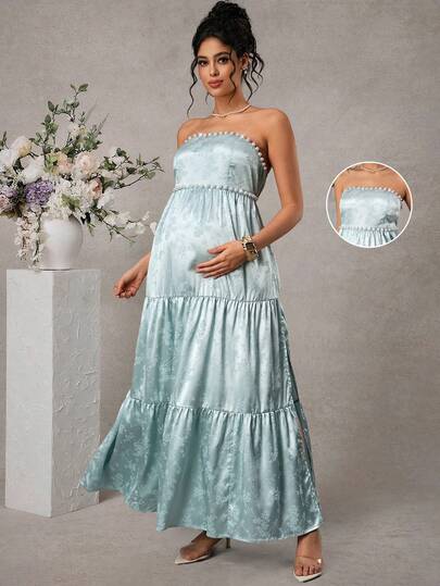 Momance Maternity Floral Jacquard Faux Pearl Decor Ruffle Hem Elegant Maxi Dress