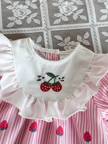SHEIN Newly Born Baby Girl Light Pink Summer Cute Birthday White Lace Bubble Short Sleeved Dress Gold Rose Pattern Abaya Arabic Baby Clothing Party Gown - Pink - View 4