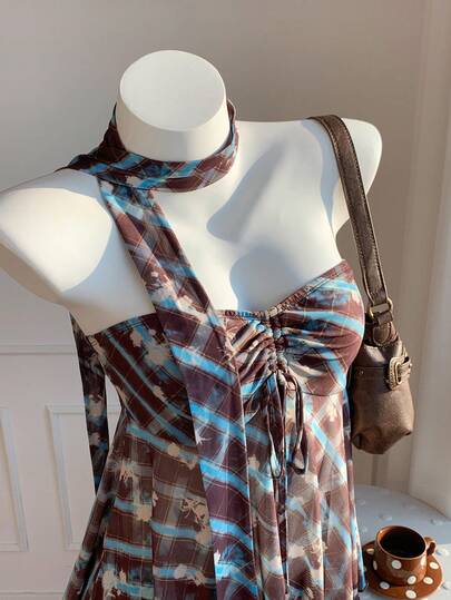 Comfortcana 2026 New Arrival Spring/Summer Women's Plaid Front Tie Fashionable Bandeau Top Spring Outfit Beach Outfit For Women  Vacation Outfits Women Brown Tulle Top Y2K Tops