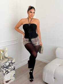 Maria Perezxox 女士褶饰拼布高领无袖上衣 - 黑色 - 查看 1