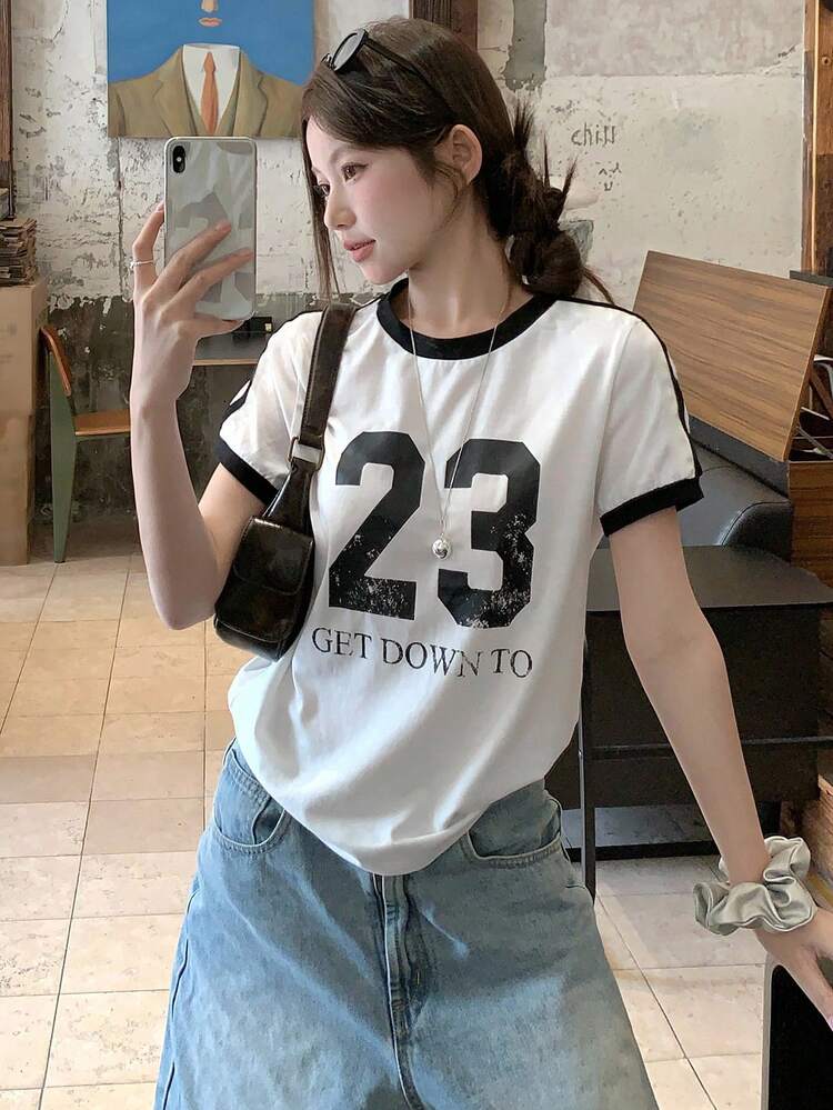 Women's Splicing Letter Decorative Fitted Casual Street Sporty Teen Casual Short Sleeve T-Shirt Preppy Tops