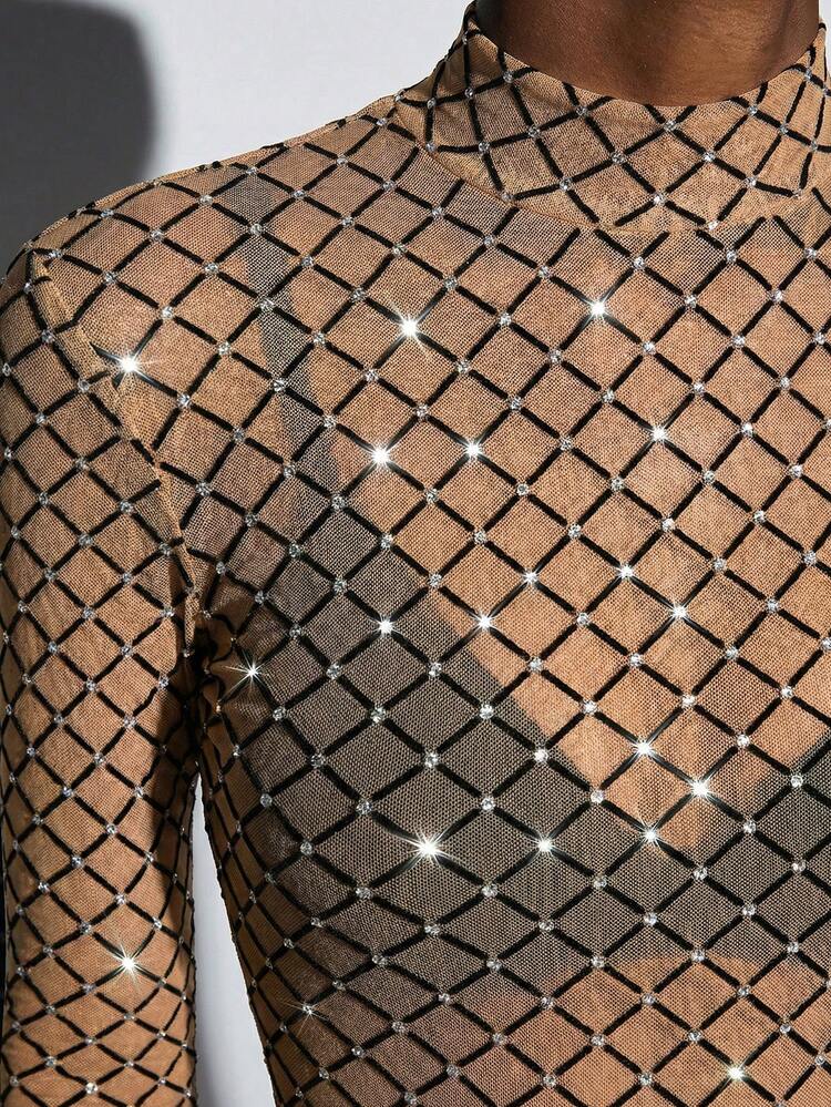 SHEIN Maija Women's Rhinestone Detail Sheer Mesh Bodysuit