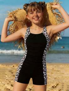 SHEIN Traje de baño de una pieza con estampado de leopardo y parches para niñas preadolescentes, ideal para vacaciones en la playa - Negro - Ver 1