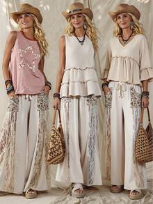 Wildy Phong cách lễ hội âm nhạc Boho, trang phục thường ngày kiểu miền Tây, chất liệu ren và hoa, phối hợp nhiều mảnh, dành cho nữ mùa xuân/hè. Quần ống rộng thoải mái, thích hợp mặc hàng ngày, đi làm, đi nghỉ mát, bộ đồ Boho cho nữ, trang phục đi biển, trang phục mùa hè cho nữ, quần áo lấy cảm hứng từ Free People. - Màu be - Xem 11