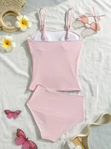 SHEIN 少女条纹两件式坦克泳衣高腰泳装套装蝴蝶结泳衣少女泳装套装20 - 淺粉色 - 查看 2