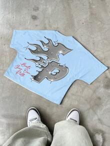 Manfinity Roghcode Kaos Streetwear Musim Panas Pria Warna Biru Muda, Kaos Lengan Pendek Leher Bulat Raglan dengan Grafis Potret Liburan Kota, Cetakan Kreatif Gaya Y2K Pakaian Rock Rap - MultiWarna - View 2