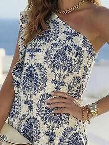 Balvessa Spring/Summer New Asymmetric Shoulder Collar Ruffle Hem Slit Digital Print Fitted Casual Elegant Dress For Women - Multicolor - View 3