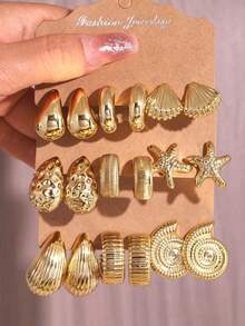 Lumivelle 6/18pcs Fashionable New Starfish, Seashell, Smooth Water Drop & Dimpled C-Shape Gold Earrings & Studs Set, Suitable For Summer Travel & Vacation - Gold - View 12