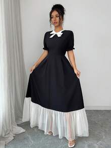 SHEIN Elenzya Square Neck Butterfly Print Ruffle Hem Mid-Length Dress, Suitable For Dates, Outings, Vacations, Holidays, Independence Day, Back To School, Teacher Outfits, Weddings, Parties, Music Festivals, Oktoberfest, Halloween, Thanksgiving And Other Occasions - Black - View 5