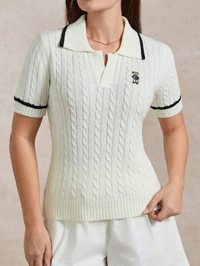 Briarwyn Summer Women's Casual Contrast Trim Bear Embroidery Short Sleeve Sweater, Summer/Women's Preppy Cable Knit Bear Embroidery Contrast Trim Polo Collar Short Sleeve Knit Top,Summer Outfits ,Vacation Outfits Women,Old Money Style,Collegiate Style