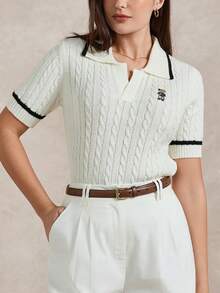 Briarwyn 夏季女士休闲撞色滚边小熊刺绣短袖毛衣，夏季/女士学院风麻花针织小熊刺绣撞色滚边Polo领短袖针织上衣，夏季，度假，复古风格，学院风 - 白色 - 查看 9