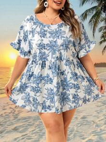 SHEIN CURVE+ Áo kiểu nữ dáng suông US22, họa tiết hoa, cổ tròn, viền bèo nhún, thích hợp cho lễ hội âm nhạc, kỳ nghỉ bên bờ biển, phong cách Bohemia. - Xanh và trắng - Xem 8