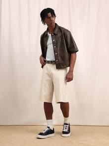 SUMWON Men's Light Wash Wide Leg Denim Jorts Below Knee Baggy Eyelet Detail Vintage Style Summer Casual Relaxed Fit Knee Length Bermuda Shorts - Apricot - View 3