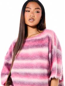 SUMWON WOMEN Women's Tie Dye Striped Knit Sweater With Three Quarter Sleeves And Crew Neck Design Cozy Winter Fall Pullover - Pink - View 4
