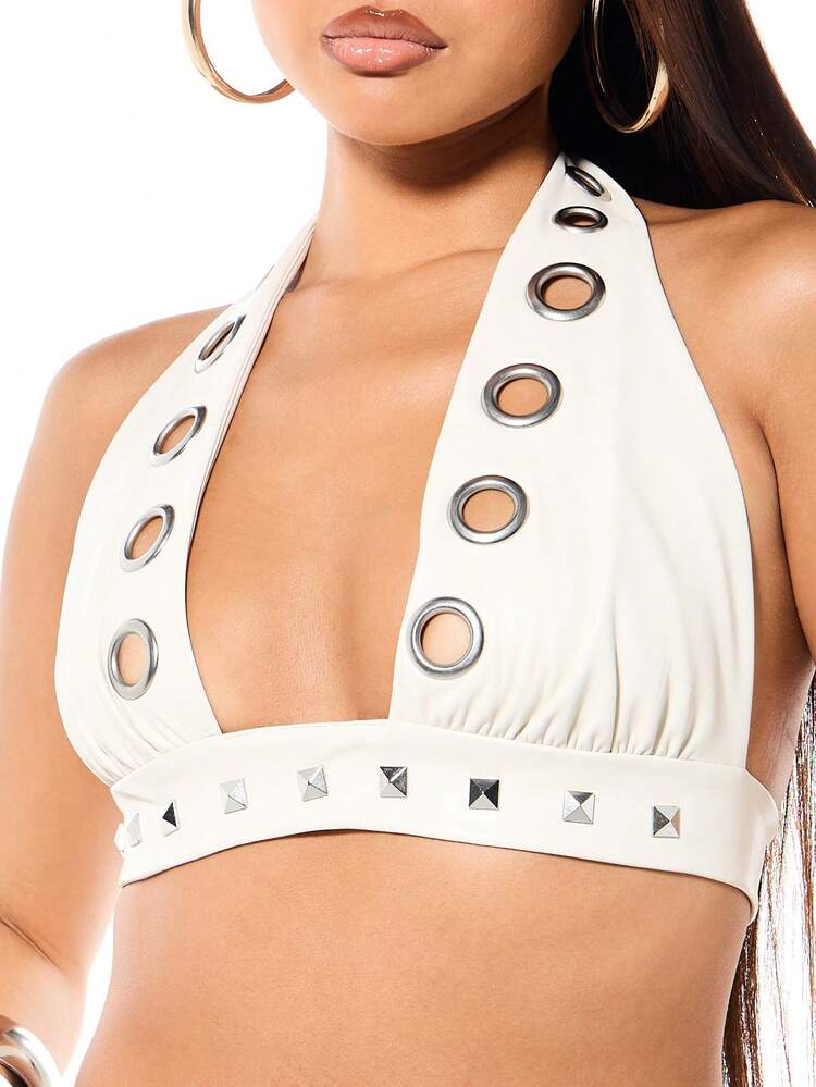 SUMWON WOMEN Faux Leather Halter Neck Bralette With Metal Eyelet Details And Studded Embellishments Edgy Festival Crop Top