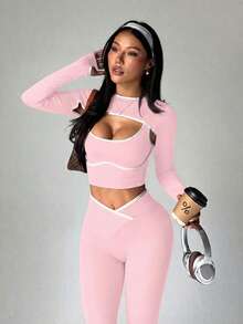 SHEIN Sports 3件套女士无缝罗纹运动套装，长袖披肩领上衣，撞色背心，高腰紧身打底裤 - 粉色 - 查看 15