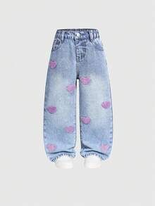 SHEIN 女童夏季新款宽松直筒牛仔裤，浅蓝色牛仔布搭配紫色爱心刺绣，舒适棉质面料，休闲百搭，适合外出和上学穿着。 - 中等水洗藍 - 查看 7