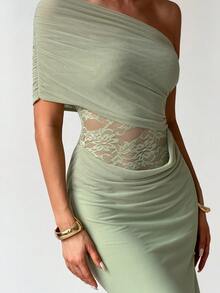 Aloruh Elegant Romantic Sexy Mesh Contrast Lace See-Through Waist One Shoulder Pleated Cold Shoulder Slim Fit Dress, Green Dress, Wedding Guest Dress, St. Patrick's Day Dress, Beach Holiday Dress - Green - View 1