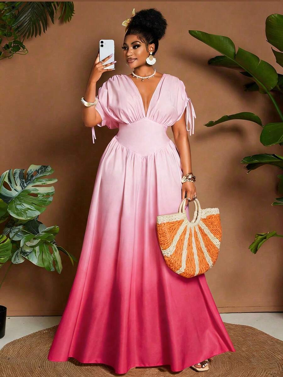 Maweii 大码女士优雅渐变印花系带蝴蝶结V领A字型长连衣裙，百搭设计，适合外出、度假、音乐节、春夏穿着 - 彩色 - 查看 1