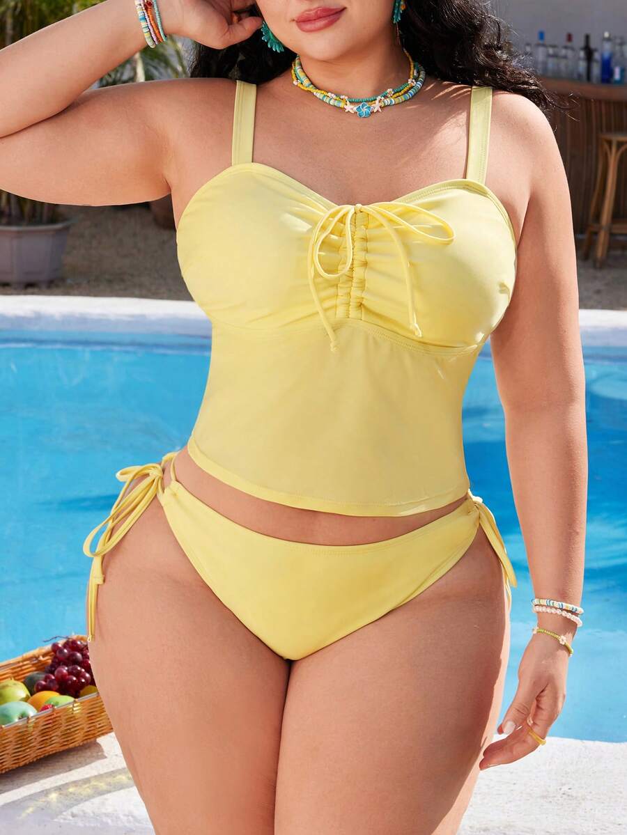 SHEIN Swim Mod 大码女式两件套纯色吊带泳衣，遮肚，适合海滩度假 - 黃色 - 查看 1