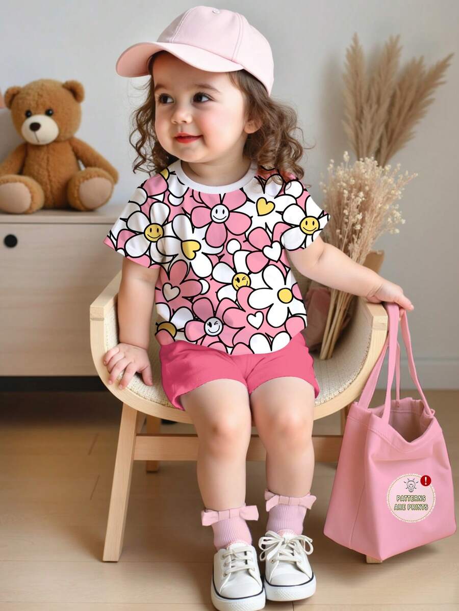 SHEIN 2 Stücke Baby Mädchen Casual Süßes Blumenmuster Set, cremefarbenes rosa Rundhals Kurzarm T-Shirt und rote Leggings, geeignet für Frühling/Sommer, Alltagstragen, Urlaub, Y2K Stil - Verschiedenfarbig - Übersicht 1