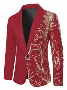 Manfinity Bizformal Men's Shiny Sequin Plant Printed Suit Blazer And Pants Set, Fashion For Party And Performance Tuxedo Suit, Formal, Ceremony - Burgundy - View 6