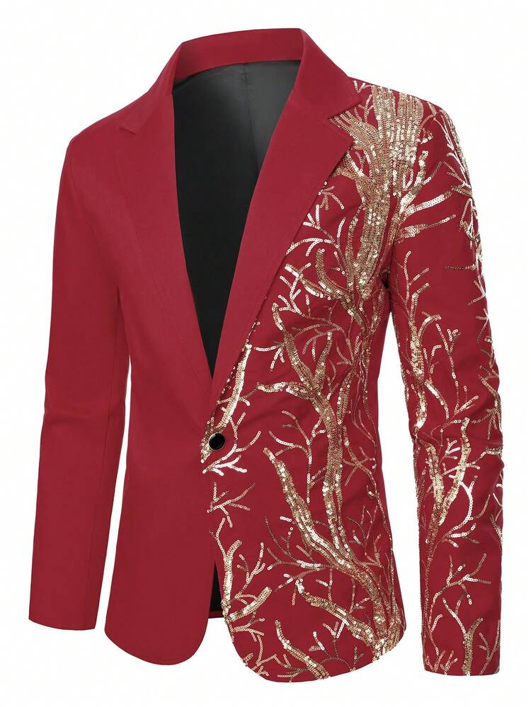 Manfinity Bizformal Men's Shiny Sequin Plant Printed Suit Jacket And Pants Set, Fashion For Party And Performance Tuxedo Suit - Burgundy - View 6