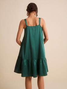 LOTSLUV 女士绿色串珠纹理面料方领宽松短款连衣裙，春夏款 - 綠色 - 查看 2