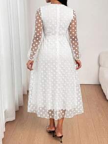 SHEIN Lady 大码女式波点网纱灯笼袖优雅连衣裙 - 白色 - 查看 2