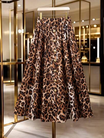 GlowEve CURVE 大码女式豹纹腰部装饰纽扣A字宽松休闲通勤优雅性感时尚商务百搭法式度假街头复古春夏新款半身裙