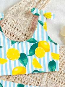 Young Girl Striped Lemon Print Bikini Top And Triangle Bottoms Casual Holiday Swimsuit Set - Multicolor - View 4
