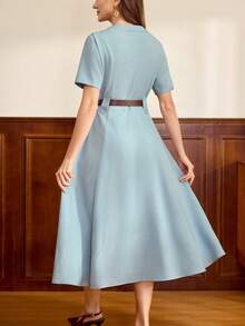 Vintamour 复古优雅女士连衣裙，带口袋、腰带、撞色饰边和纽扣，休闲通勤度假连衣裙，夏季女装，夏季服装，夏季女装搭配，春季女装搭配，春季连衣裙，春季女装搭配，春假女装搭配，复活节女装，优雅女装，度假女装搭配，夏季度假女装搭配，度假连衣裙，休闲女装，蓝色女装 - 藍色 - 查看 8