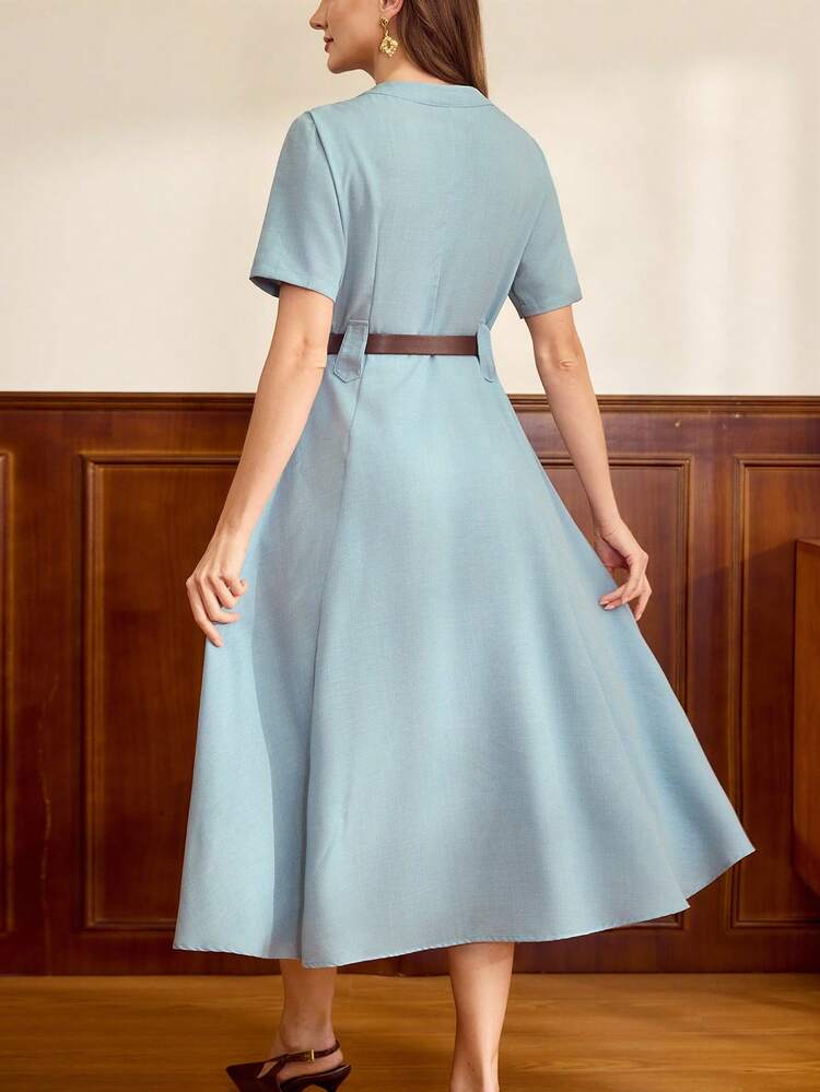 Vintamour فستان نسائي أنيق عتيق مع جيوب وحزام وتشطيب متباين وإغلاق بأزرار، فستان كاجوال للتنقل والعطلات الصيفية للنساء، ملابس صيفية، إطلالات صيفية للنساء، إطلالات ربيعية للنساء، ملابس ربيعية للنساء، إطلالات عطلة الربيع للنساء، فستان عيد الفصح للنساء، فساتين أنيقة للنساء، إطلالات عطلة للنساء، إطلالات عطلة صيفية للنساء، فساتين عادية للنساء، فساتين زرقاء للنساء - الأزرق - مشاهدة 8