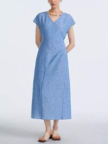 Aalyst Asymmetrical Waist Design Textured Short Sleeve Dress - Blue - View 4