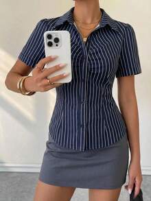 Ritzy Row Women's French-Style Elegant Woven Fabric, Navy Blue Striped Short-Sleeved Shirt, Pleated Button-Down Front, Elegant Women's Shirt, Summer Women's Shirt, Summer Outfit, Beach Outfit, Beach Shirt, Outerwear, Women's Vacation Outfit, Vacation Shirt, Women's Casual Shirt, New Summer Women's Shirt, Women's Commuting OutfitGraduation Season Attire, Fashionable Casual Commuter Wear, Business Office Wear, Versatile And Stylish Everyday Casual Wear, Urban Teacher's Professional Attire - Navy Blue - View 1