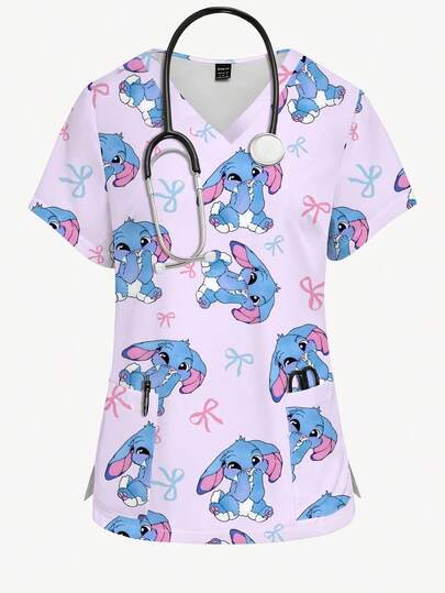 PopScrub Blusa de uniforme médico con estampado de conejo lindo de manga corta y cuello en V para mujeres