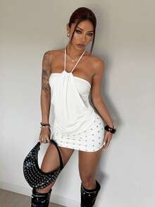 StreetHx Women's Brown Beaded Embellished Dress - White - View 3