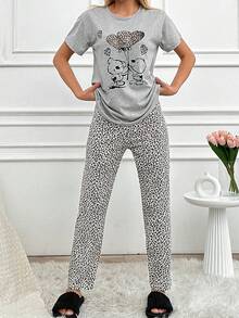 Loomlin 100%Cotton 2pcs/Set Women Cotton Animal Print Detail Homewear Pajama Set - Light Grey - View 3