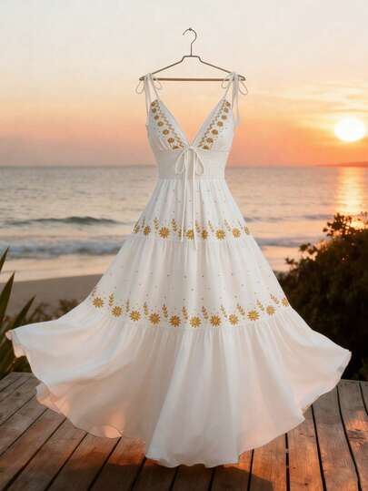 GlowEve Women's Elegant Beach Resort Style Tie-Front V-Neck A-Line Multi-Tier Printed Dress