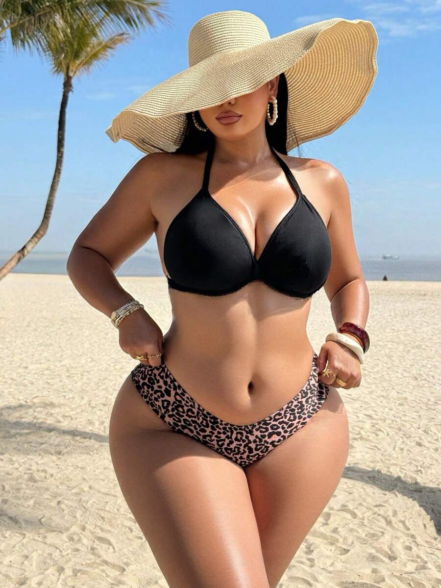 Swim SXY Plus Size Women's Fashionable Leopard Print High Waist Triangle Bottom Swimwear - Black - View 1