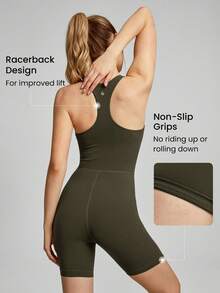 GLOWMODE 6英寸FeatherFit™ V領賽車背心運動連體背心，防滑輕支撐低衝擊瑜伽工作室健身房日常 - 軍綠色 - 查看 3