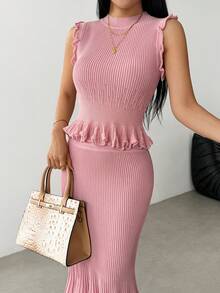 Modelyn Bộ 2 món kiểu dáng thanh lịch dành cho quý cô: Áo vest dệt kim không tay và chân váy dài xếp ly. - Hồng - Xem 4