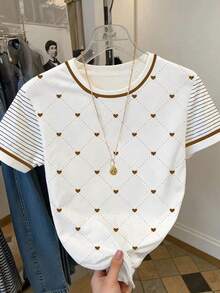 EMERY ROSE 2pcs/Set Heart & Diamond Print Striped Sleeve T-Shirt + Vertical Striped Shorts, Y2K Retro Style - Coffee Brown - View 4