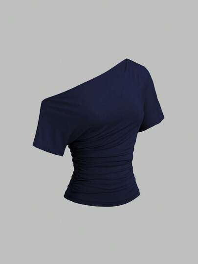 Sweetra New Spring/Summer Women's Stylish High Street Chic Asymmetric Shoulder Slim Fit Sporty Versatile Comfortable Casual T-Shirt